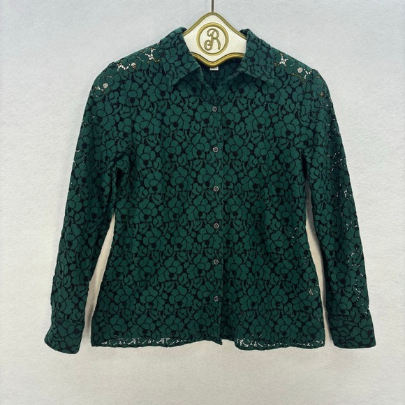 Charter Club Floral Lace Button Down Shirt size 8 Petite Green Long Sleeve Boho - Picture 2 of 8